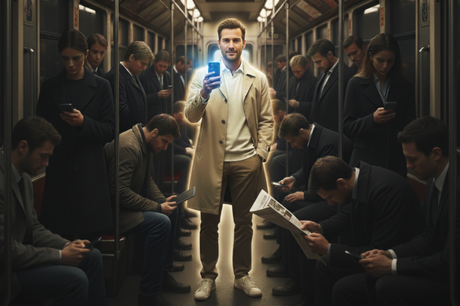 NYOUS - Ragazzo felice di usare l'app NYOUS, su un mezzo pubblico, finalmente informato consapevolmente ed in poco tempo